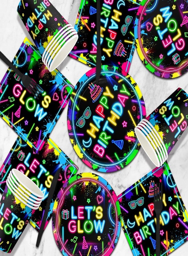 LINHAXM 184 Pcs Neon Party Decorations - Glow in the Dark Party Supplies - Plates, Napkins, Cups, Banner, Hanging Swirls, Tablecloth, Balloons, Toppers for Neon Birthday Party Decorations, Serves 24 - Image 3